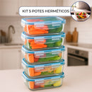 Kit 10 Potes de Vidro Hermético Retangular 4 Travas Mantimentos Marmita Fit Microondas