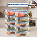 Kit 10 Potes de Vidro Hermético Retangular 4 Travas Mantimentos Marmita Fit Microondas