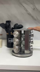 Porta Tempero Giratório Inox 12 Potes de Vidro Condimentos