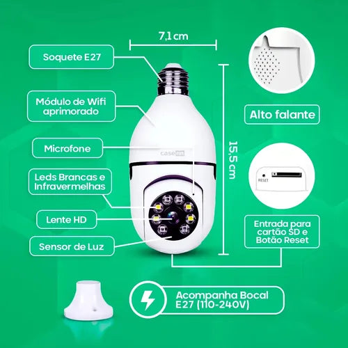 Câmara Lampada de Segurança Wifi Com Visão Noturna Interna Externa