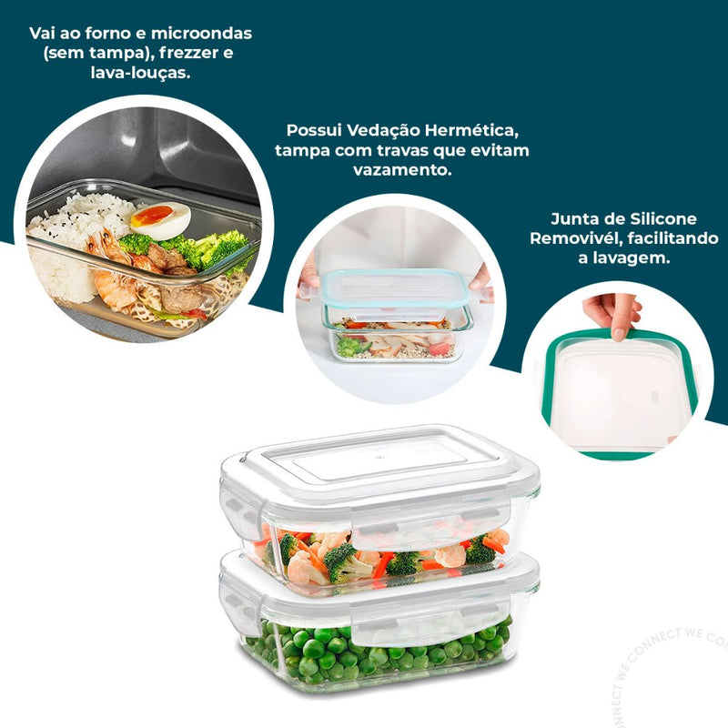 Kit 10 Potes de Vidro Hermético Retangular 4 Travas Mantimentos Marmita Fit Microondas