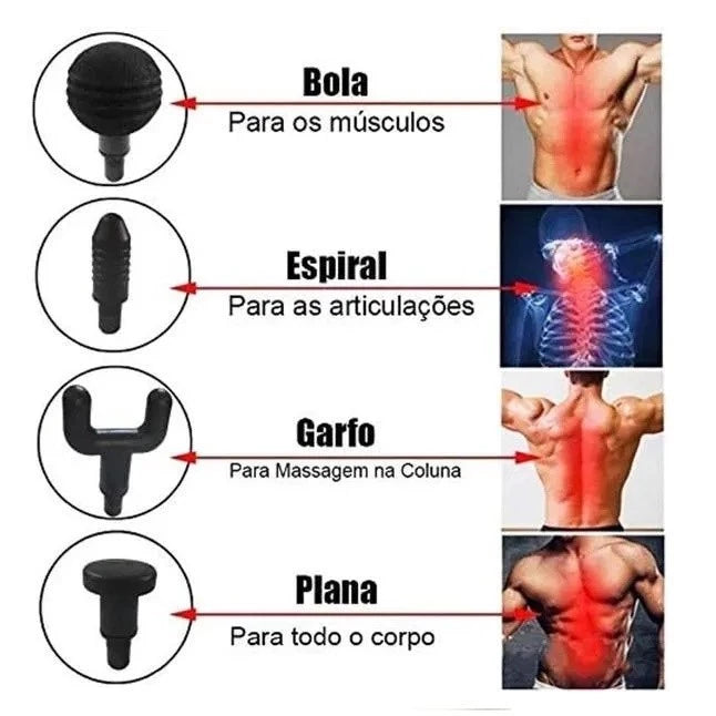 Massageador Muscular Eletrico Profissional Portátil e Silencioso – Relaxamento, Alivia a Dor, Liberação Miofascial, 4 Ponteiras.