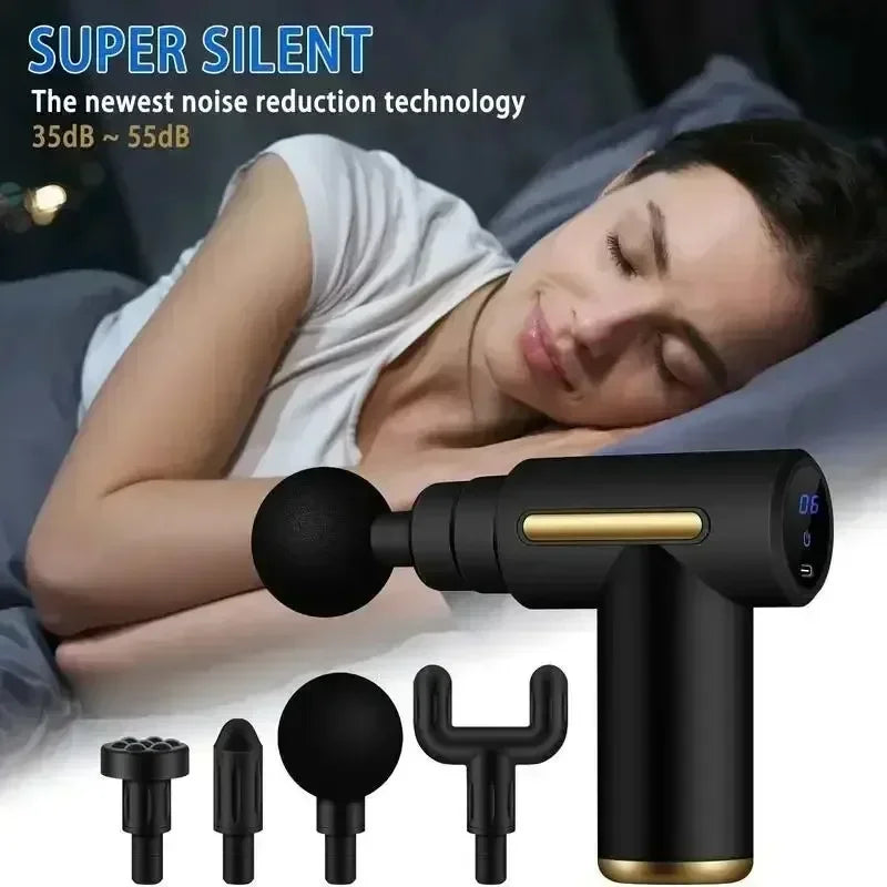 Massageador Muscular Eletrico Profissional Portátil e Silencioso – Relaxamento, Alivia a Dor, Liberação Miofascial, 4 Ponteiras.