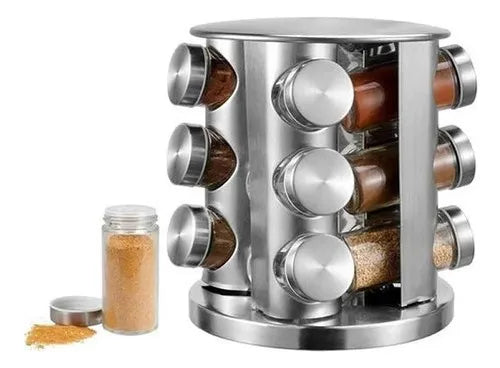 Porta Tempero Giratório Inox 12 Potes de Vidro Condimentos