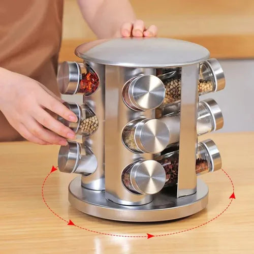 Porta Tempero Giratório Inox 12 Potes de Vidro Condimentos
