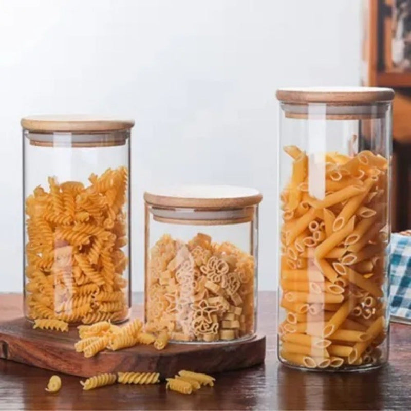 Conjunto de Potes Herméticos de Vidro com Tampa de Bambu Mantimentos Condimentos Empilháveis