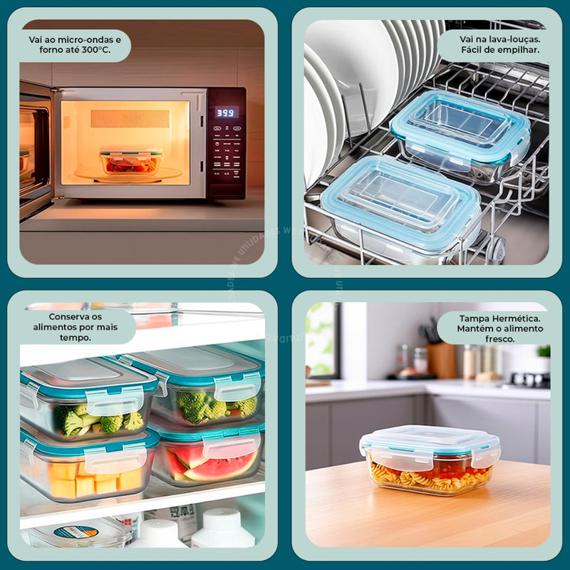 Kit 10 Potes de Vidro Hermético Retangular 4 Travas Mantimentos Marmita Fit Microondas